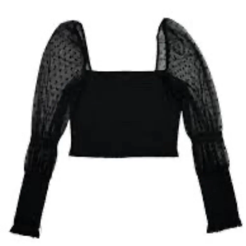 Intimately Free People Puckered Black‎ Crop Top Dotted Mesh Sleeves Sz M